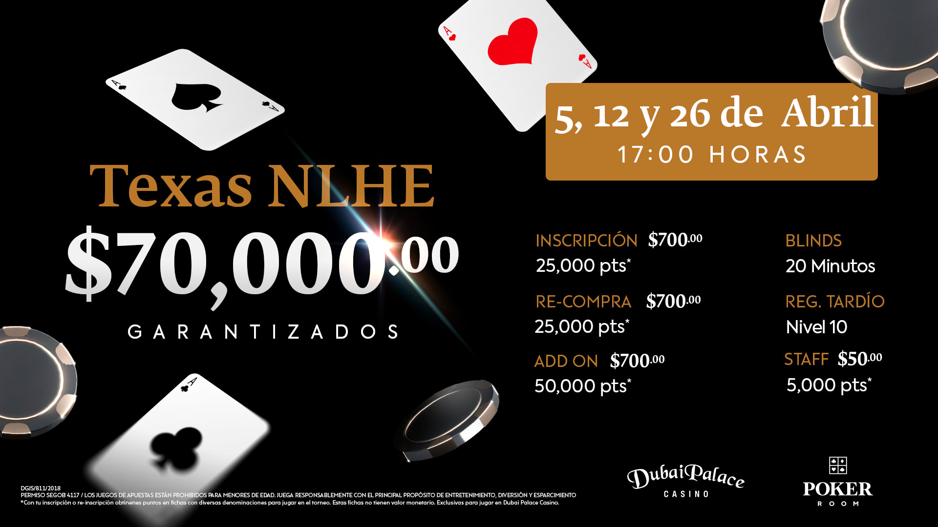 Torneo Texas NLHE con $70,000 pesos garantizados