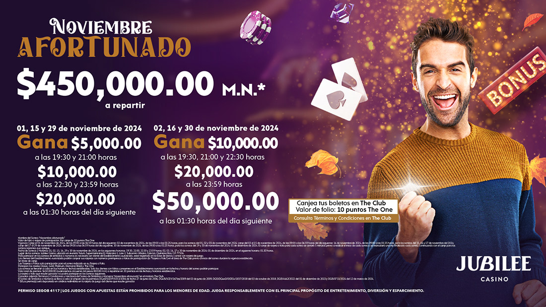 Sorteo Noviembre Afortunado con $450,000 pesos* a repartir