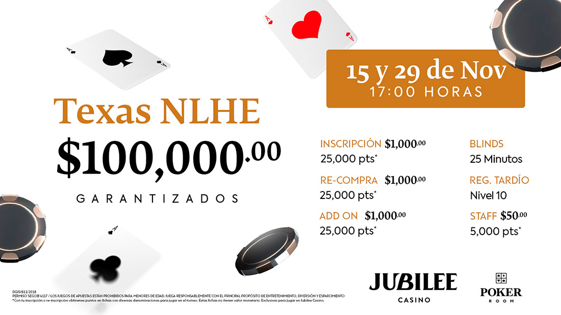 Torneo NLHE 100K GTD en Jubilee Casino